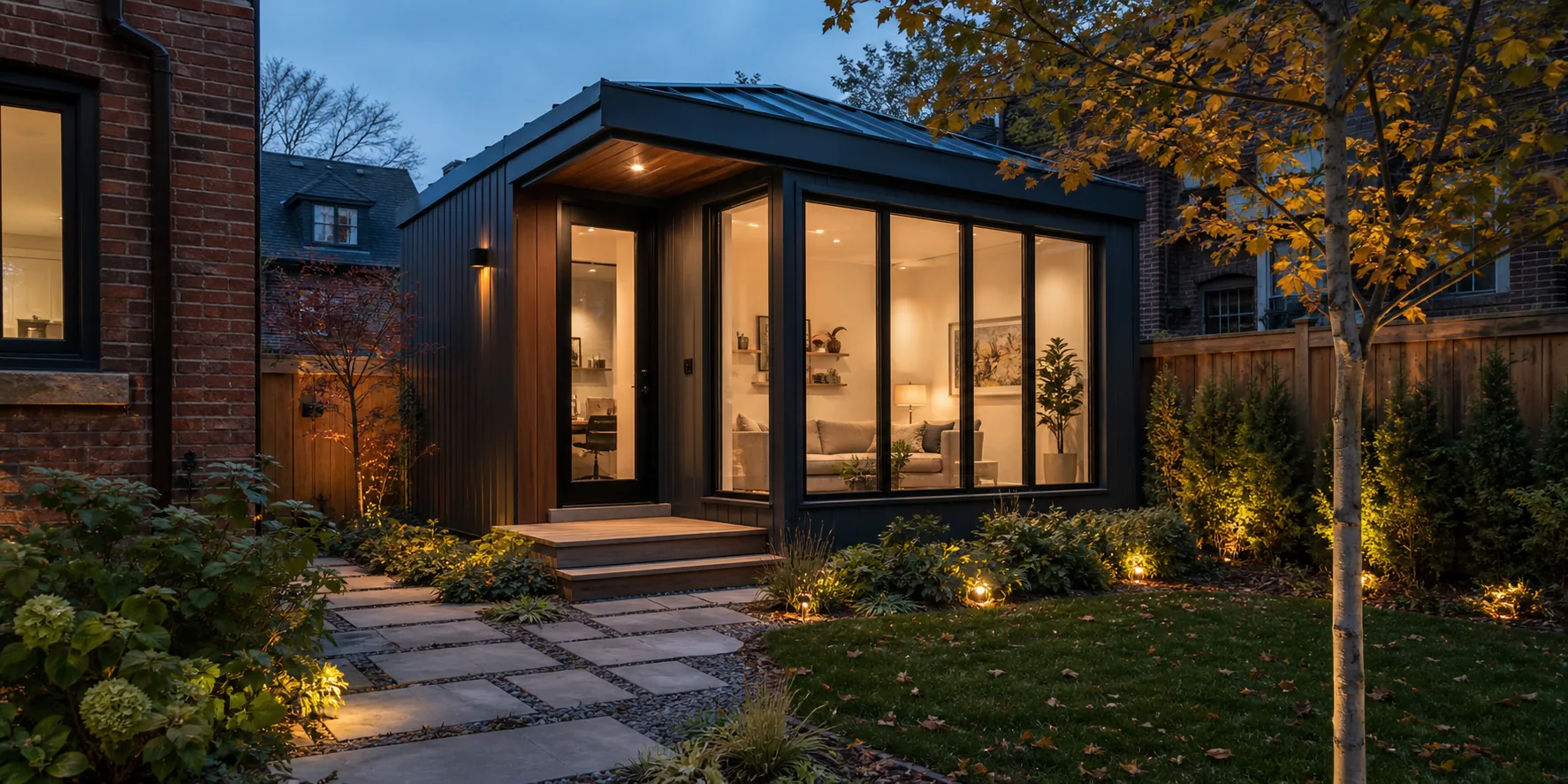 Contemporary garden suite in a landscaped Toronto backyard at dusk