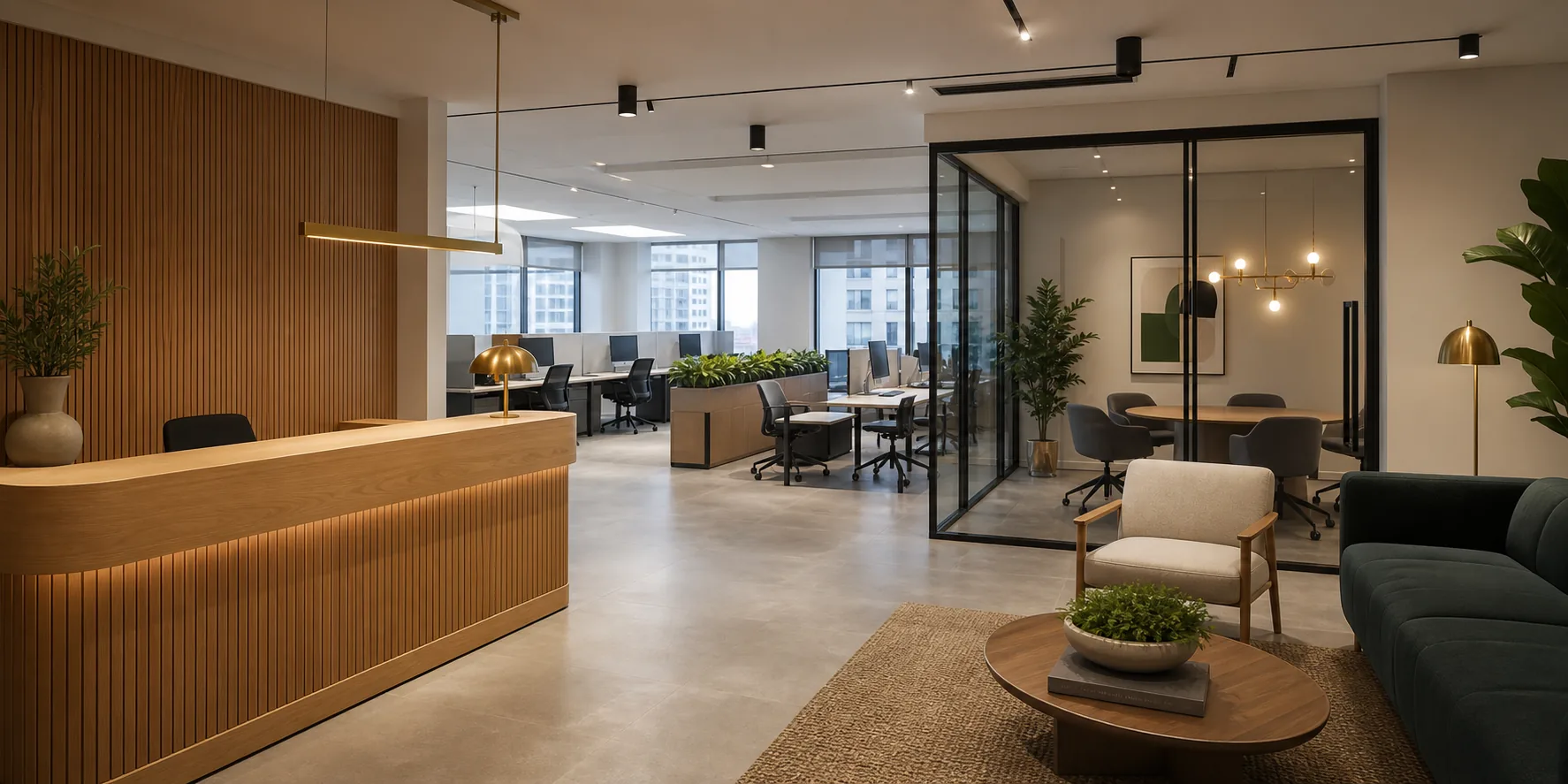 Renovated Toronto office reception with oak millwork and glass meeting room