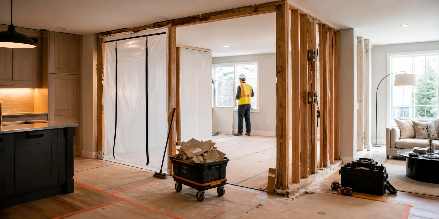 Controlled interior demolition with floor protection and dust containment in a Toronto home