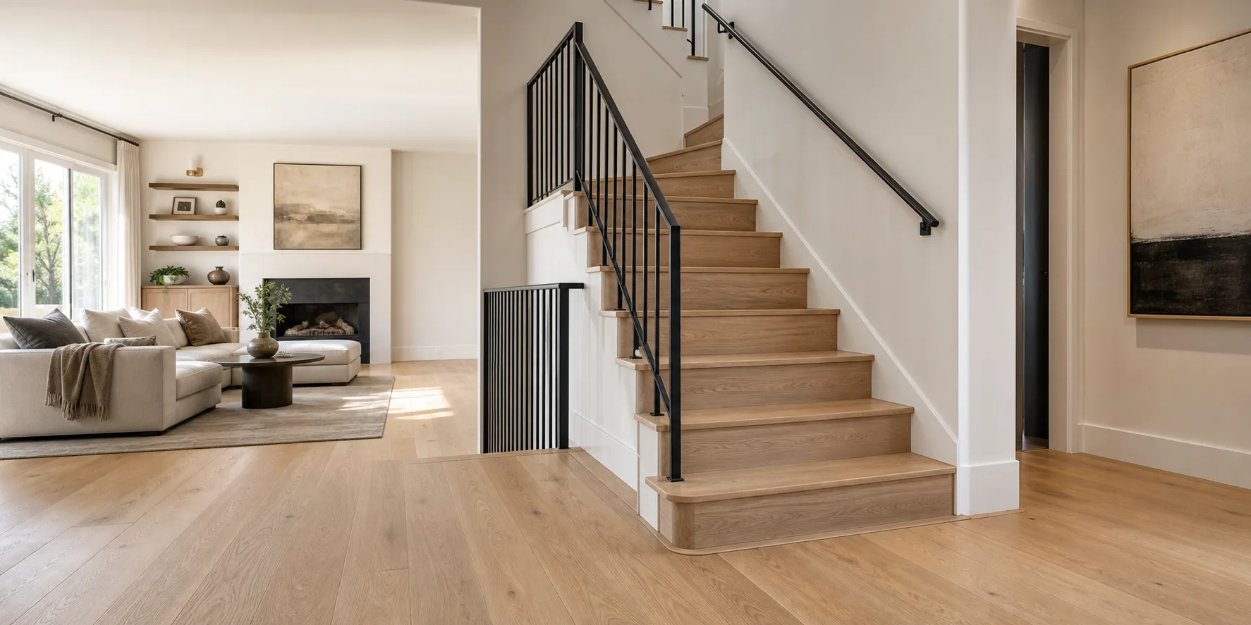 White oak flooring and staircase renovation with black metal railings