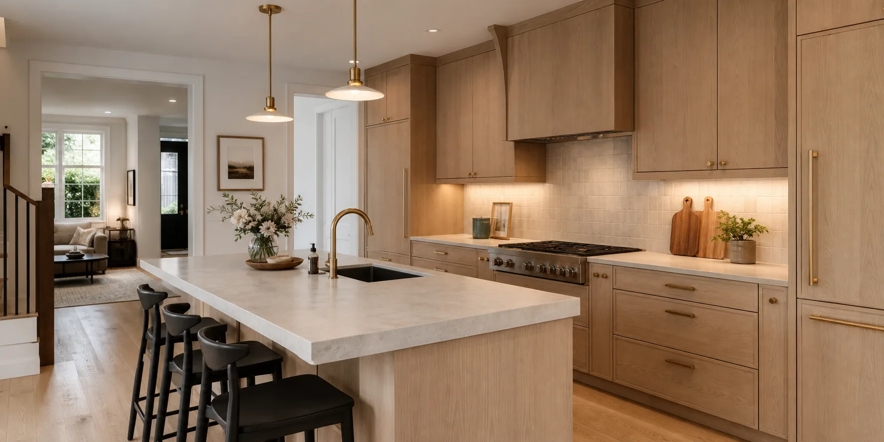 Warm oak Toronto kitchen renovation with stone island and brass fixtures