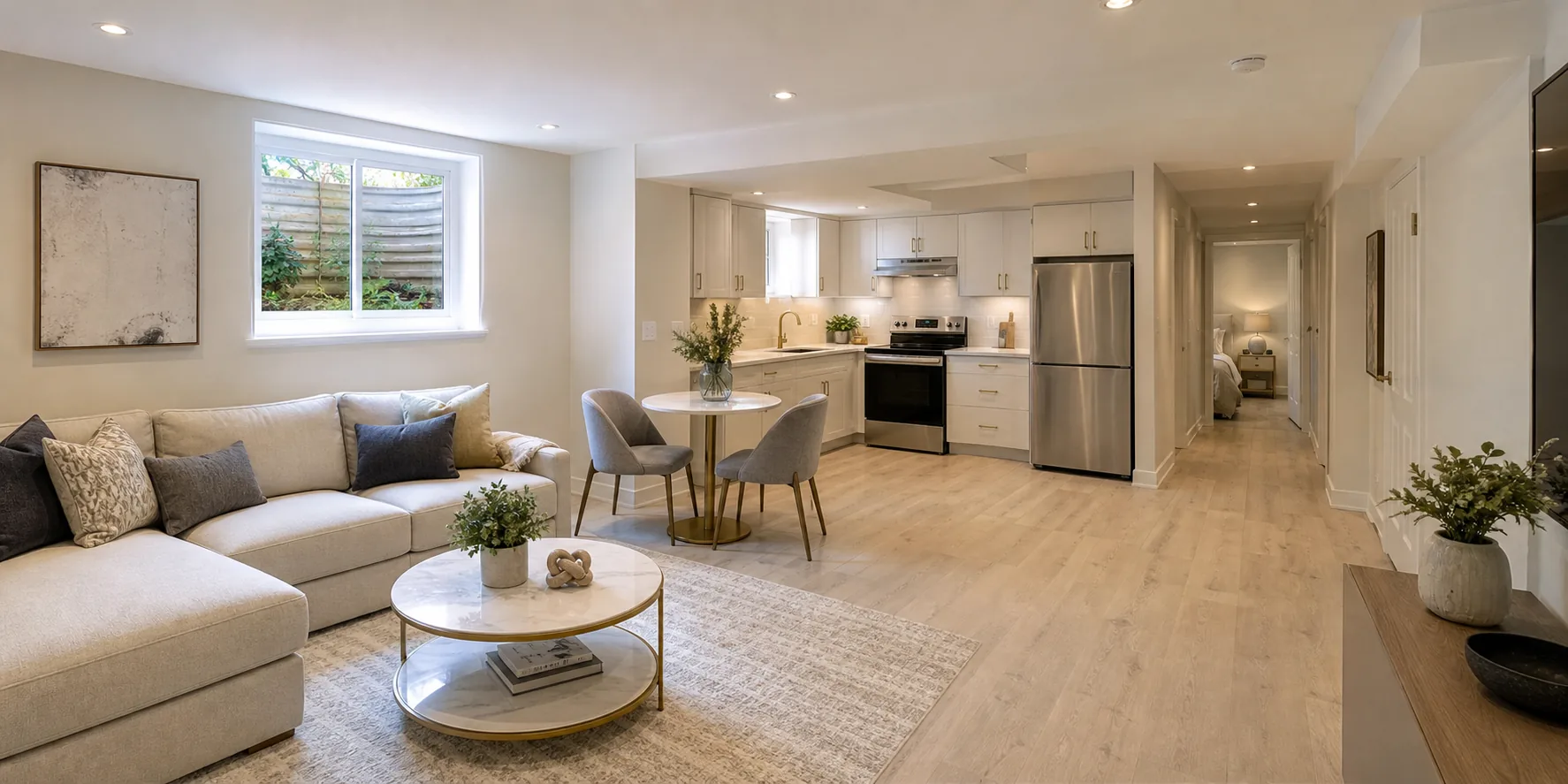 Bright finished GTA basement apartment with kitchen and egress window