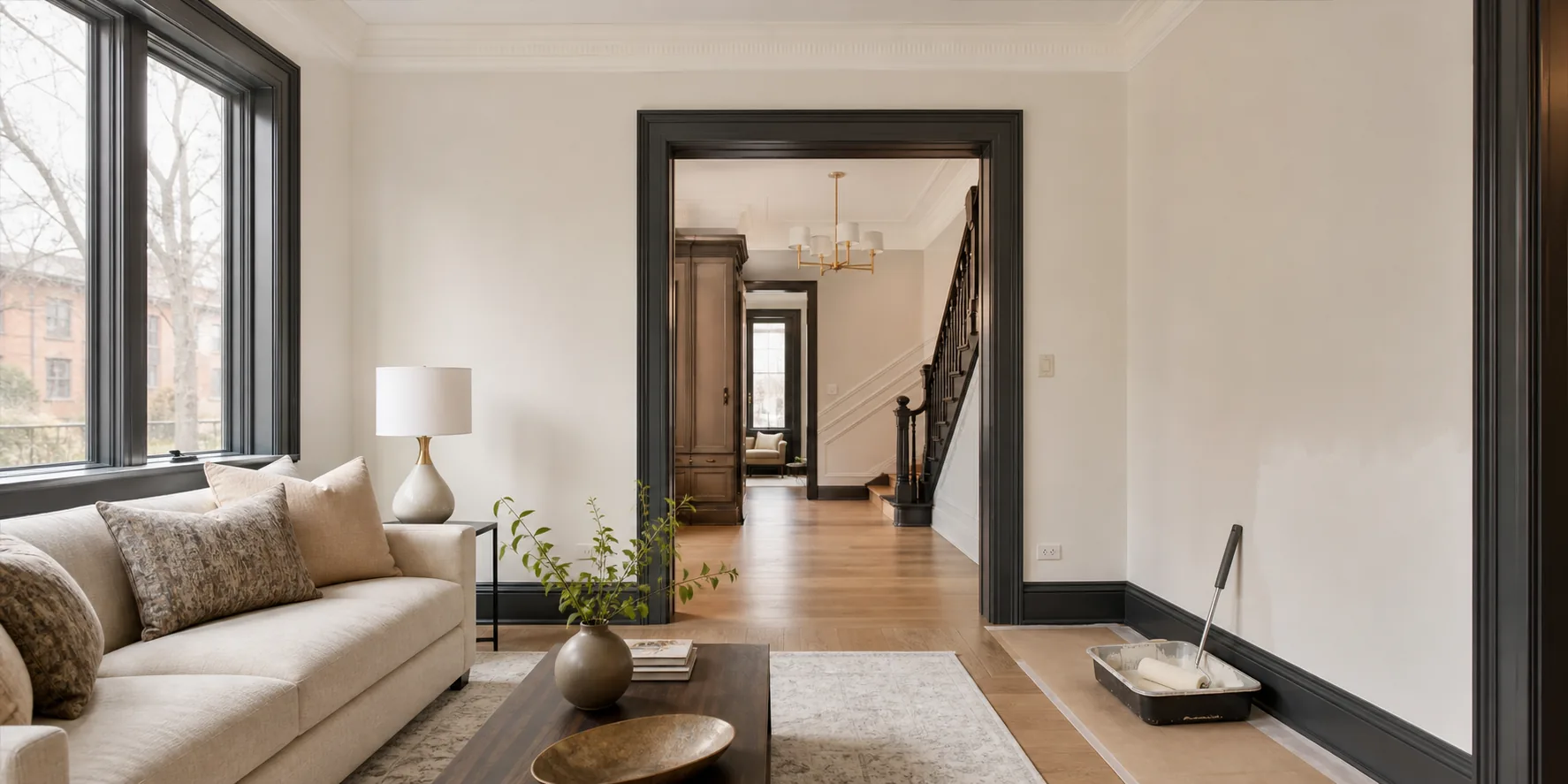 Freshly painted Toronto living room with warm white walls and charcoal trim